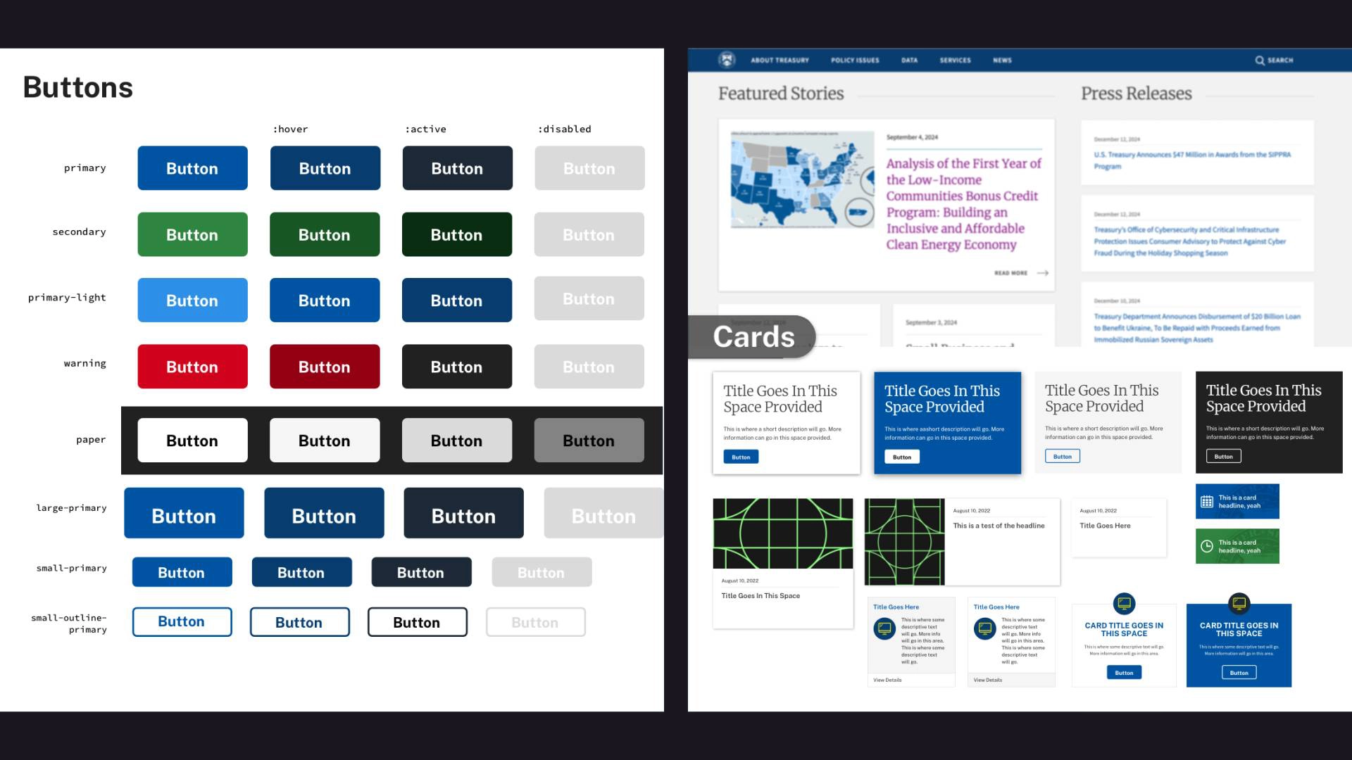 Buttons and Cards pages of the Treasury Design System.