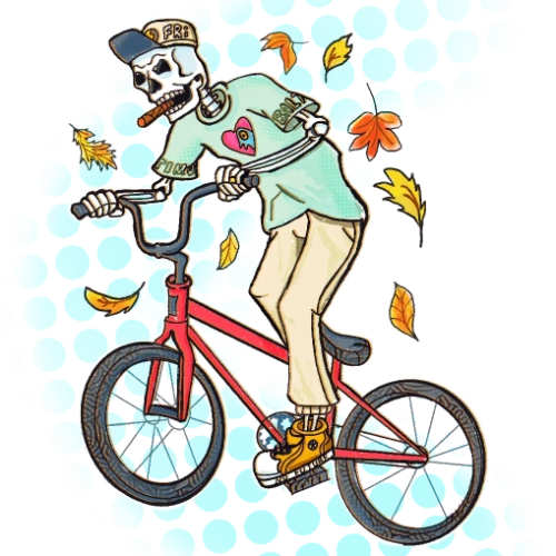 a rad skeleton riding a bmx bike in the autumn leaves